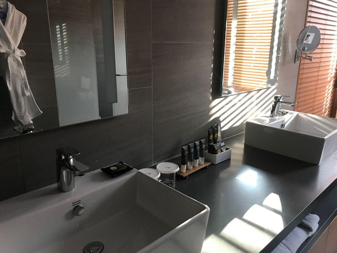 Modern bathroom sink area with dual vanity and amenities at Dongdaemun Novotel Ambassador Hotel.